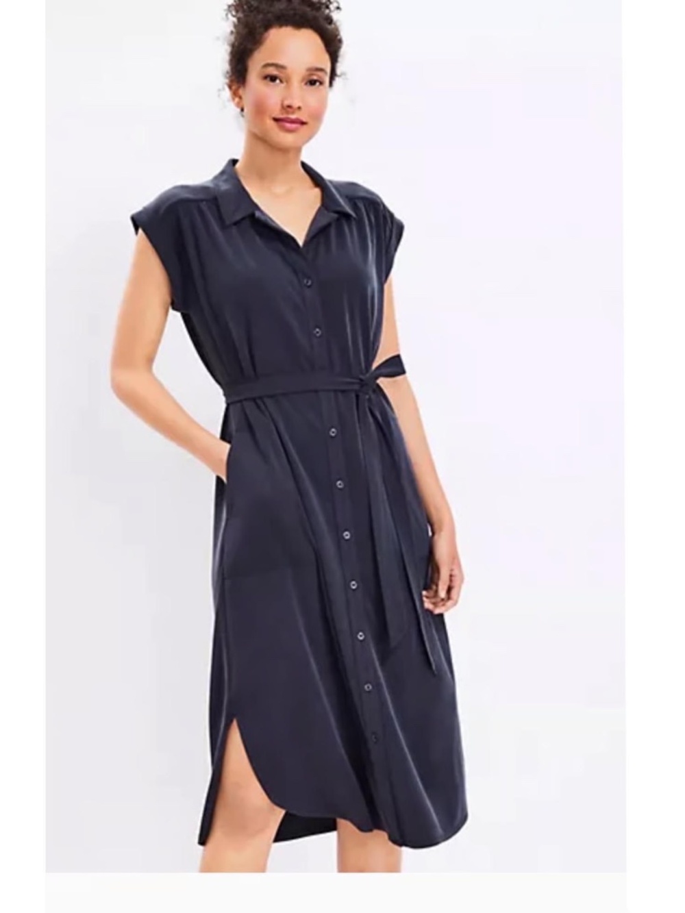 LOFT Lou & Grey Black Sand washed Button-Front Shirt Dress with Tie Waist - Sz L